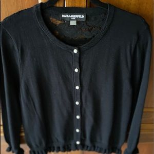 Blk cardigan sweater L w/ pearl buttons lace back